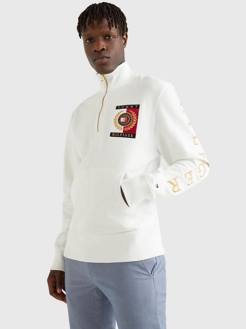 White Tommy Hilfiger Icon square logo zip mockneck Sweatshirts | NZ_M31127