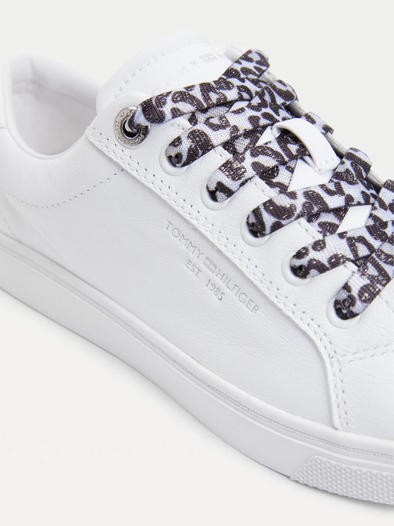 White Tommy Hilfiger Leather With Leopard Print Laces Casual Shoes | NZ_W21589