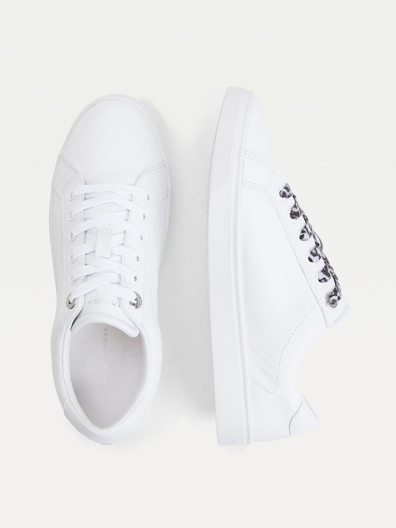 White Tommy Hilfiger Leather With Leopard Print Laces Casual Shoes | NZ_W21589