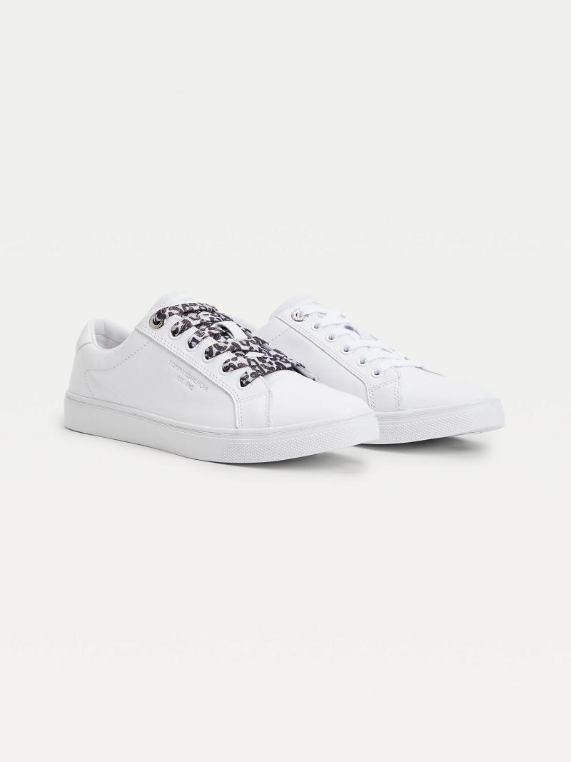 White Tommy Hilfiger Leather With Leopard Print Laces Casual Shoes | NZ_W21589