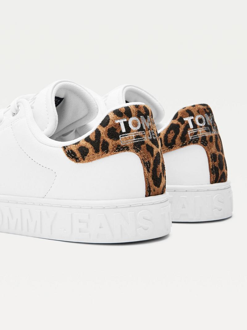 White Tommy Hilfiger Leopard Accent Leather Sneakers | NZ_W21635