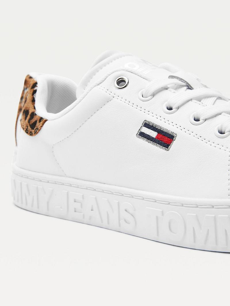 White Tommy Hilfiger Leopard Accent Leather Sneakers | NZ_W21635