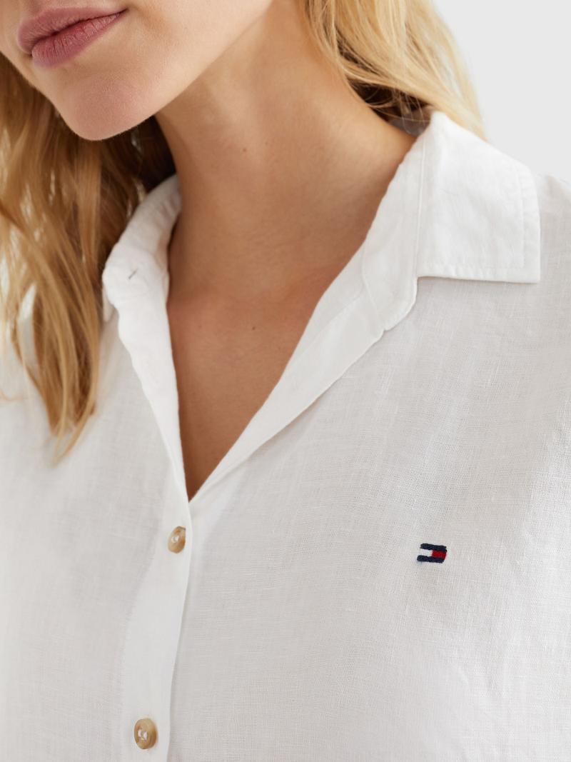 White Tommy Hilfiger Linen Short-Sleeve Shirts | NZ_W21286