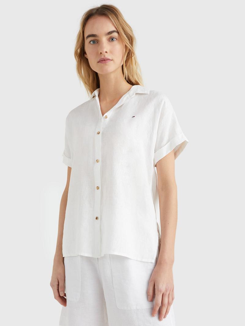 White Tommy Hilfiger Linen Short-Sleeve Shirts | NZ_W21286