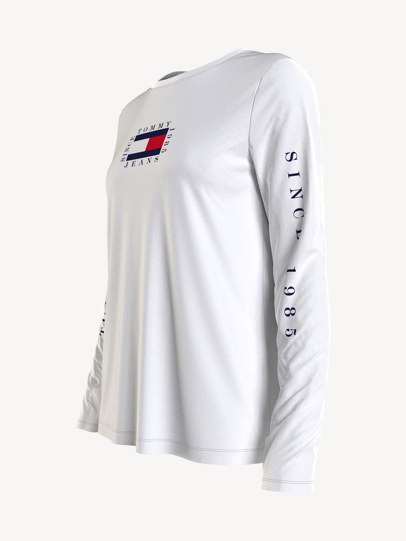 White Tommy Hilfiger Long-Sleeve Logo T Shirts | NZ_W21461