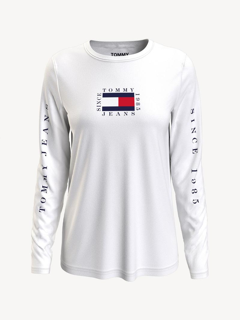 White Tommy Hilfiger Long-Sleeve Logo T Shirts | NZ_W21461