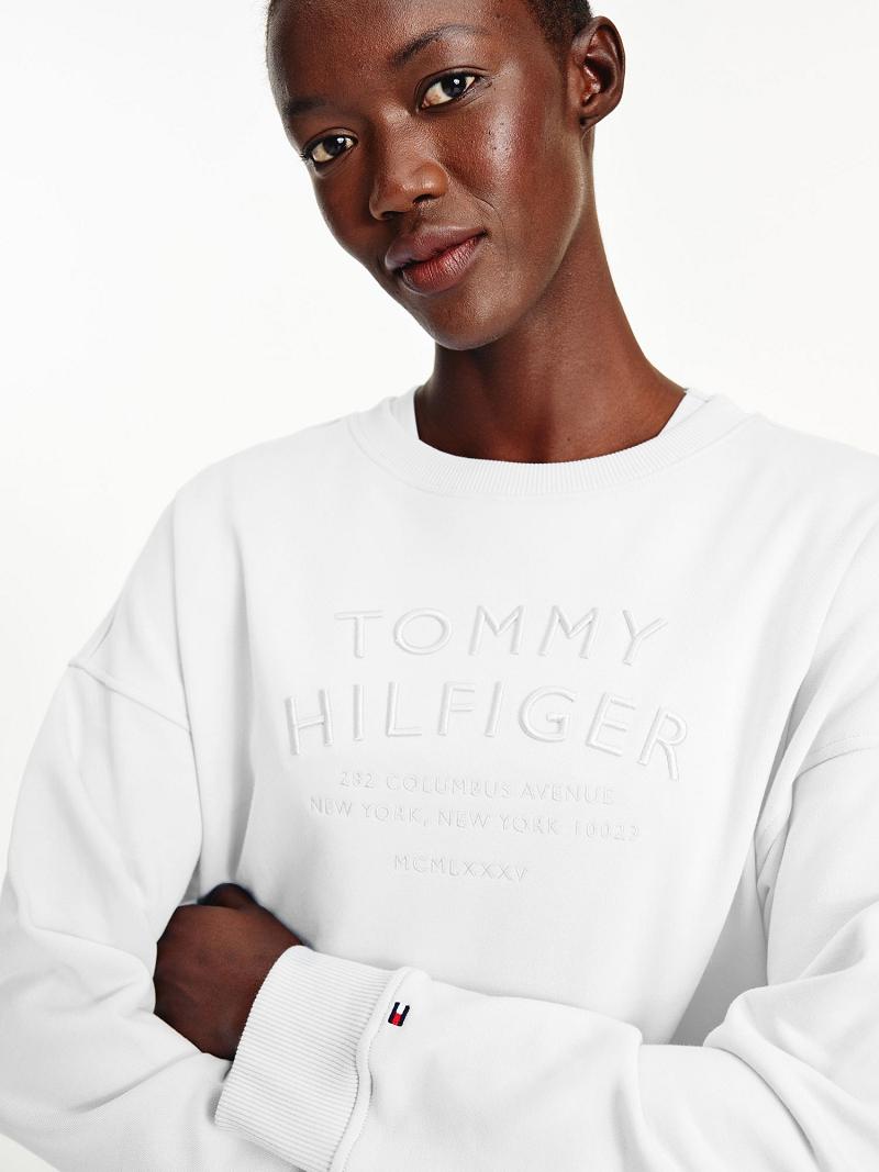 White Tommy Hilfiger Organic Cotton Embroidered Logo Sweatshirts | NZ_W21396