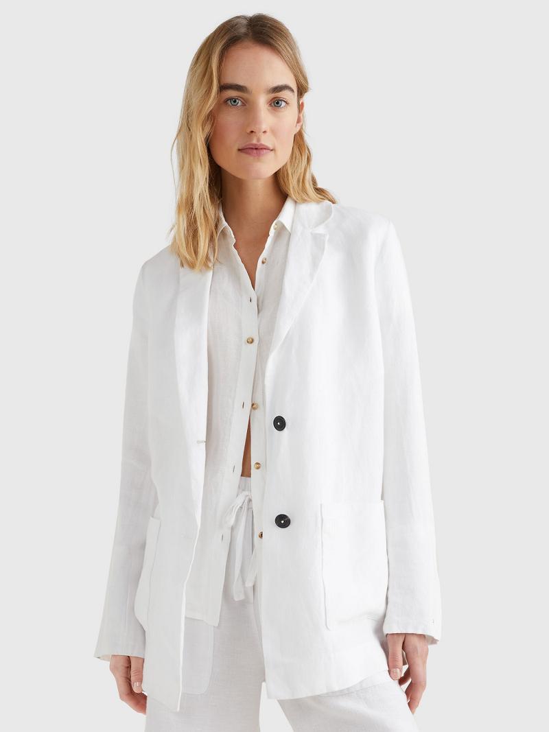 White Tommy Hilfiger Relaxed Fit Linen Blazers | NZ_W21005