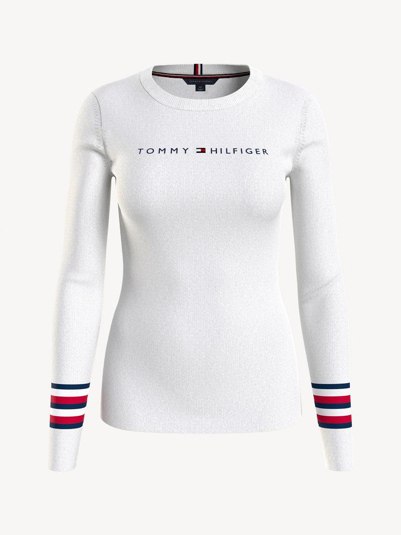 White Tommy Hilfiger Signature Stripe Logo Sweaters | NZ_W21366