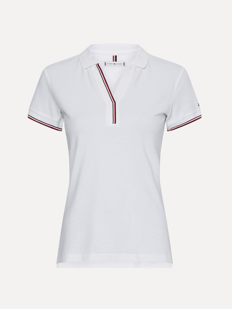 White Tommy Hilfiger Slim Fit Open-Neck Polos | NZ_W21273