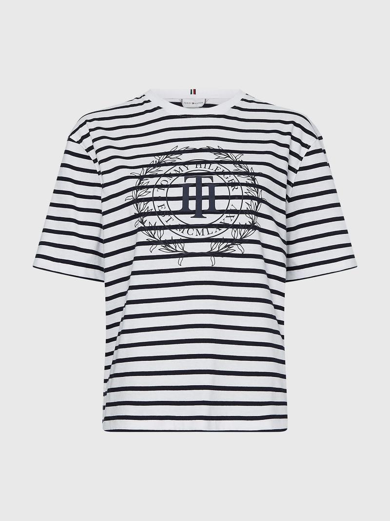 White Tommy Hilfiger Stripe TH Crest Logo T Shirts | NZ_W21477