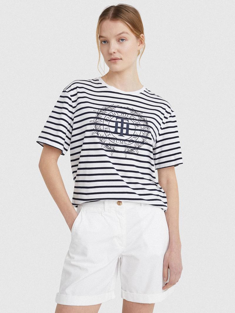 White Tommy Hilfiger Stripe TH Crest Logo T Shirts | NZ_W21477