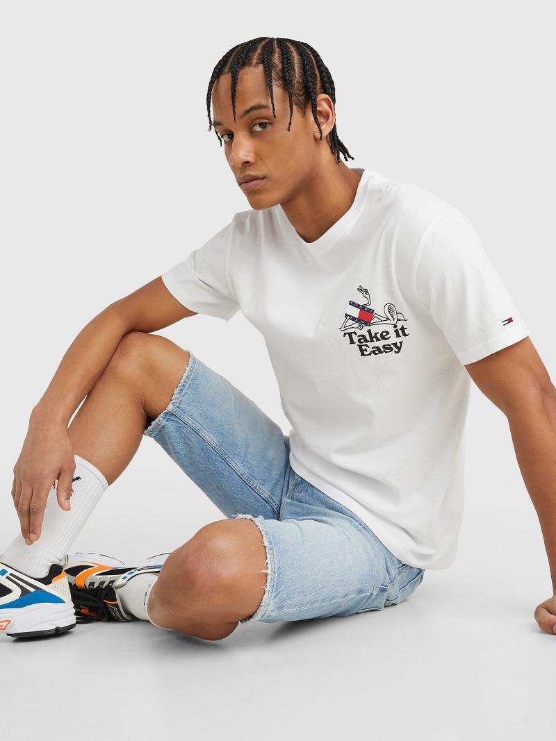 White Tommy Hilfiger Take It Easy Logo T Shirts | NZ_M31077