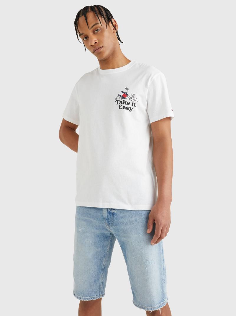 White Tommy Hilfiger Take It Easy Logo T Shirts | NZ_M31077