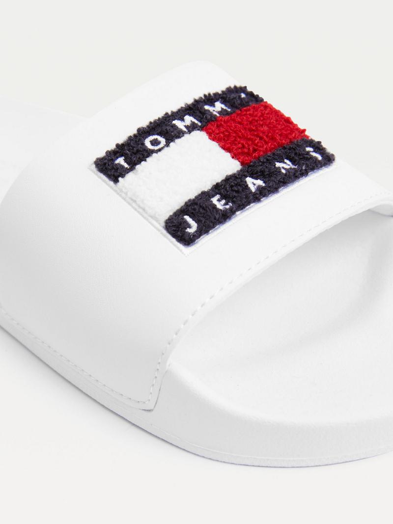 White Tommy Hilfiger Terry Logo Pool Sandals | NZ_W21610