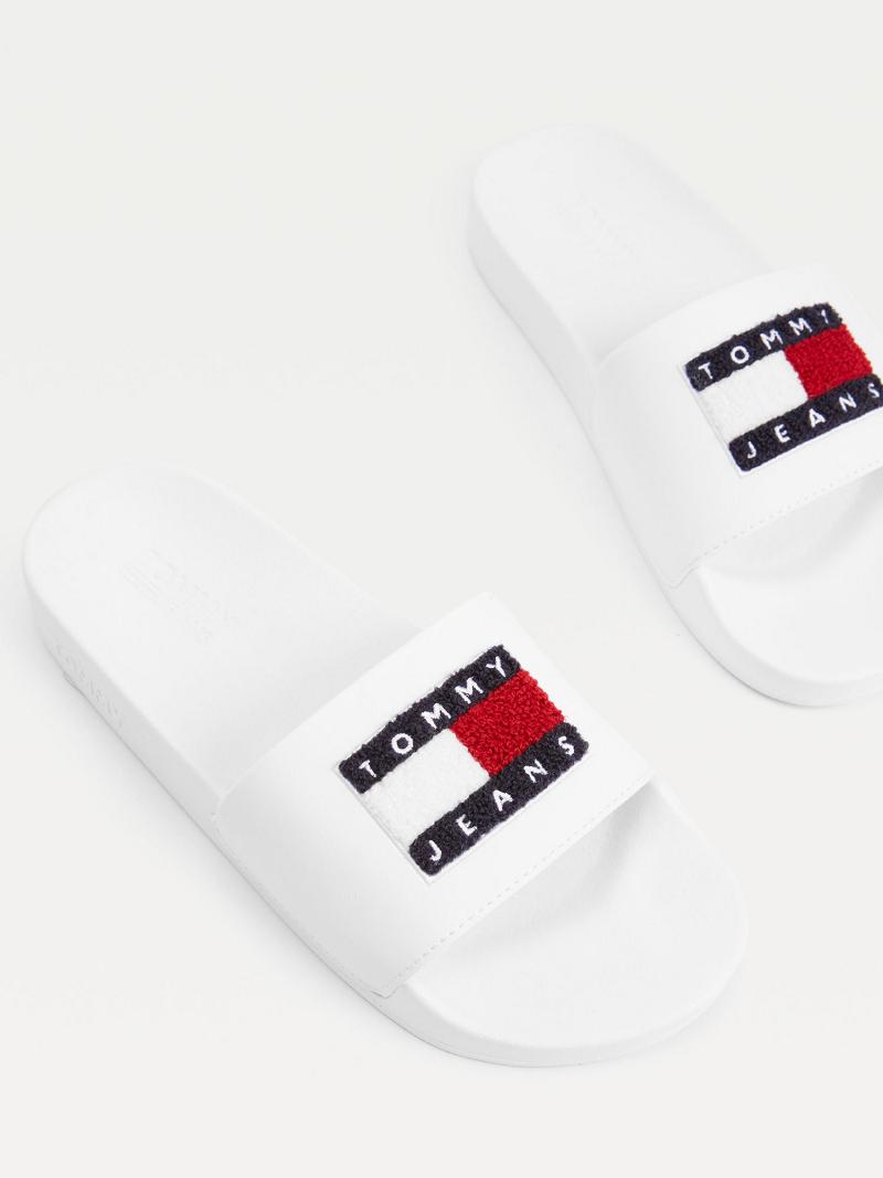 White Tommy Hilfiger Terry Logo Pool Sandals | NZ_W21610