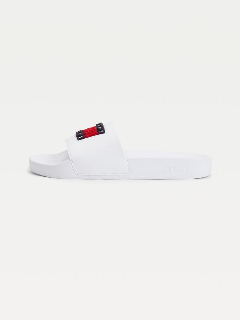 White Tommy Hilfiger Terry Logo Pool Sandals | NZ_W21610