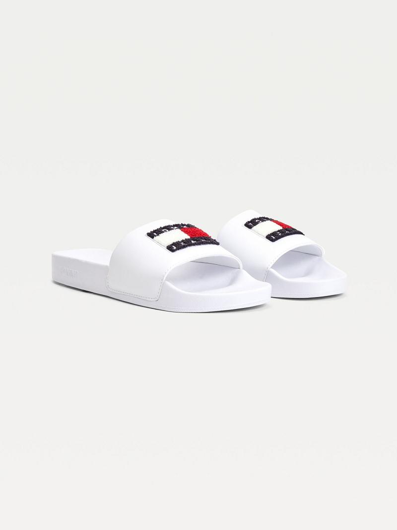 White Tommy Hilfiger Terry Logo Pool Sandals | NZ_W21610