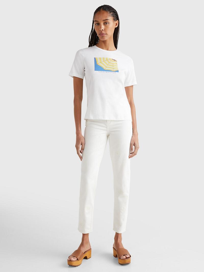 White Tommy Hilfiger Umbrella Crewneck T Shirts | NZ_W21485