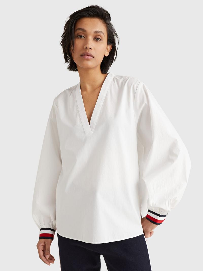 White Tommy Hilfiger V-Neck Blouses | NZ_W21021