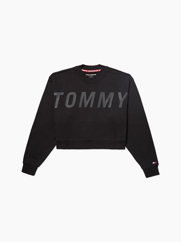 Black Tommy Hilfiger Essential Cropped Ghost Print Logo Sweatshirts | NZ_W21382