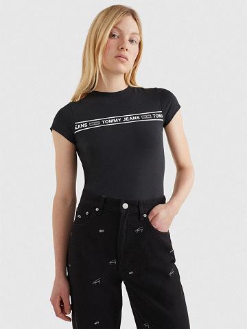 Black Tommy Hilfiger Logo Cut-Out Bodysuit Tops | NZ_W21498