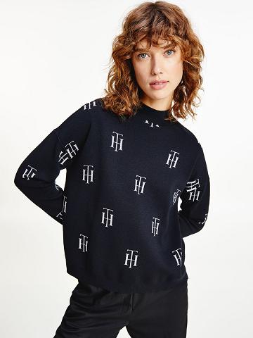 Black Tommy Hilfiger Monogram Mock Neck Sweaters | NZ_W21359