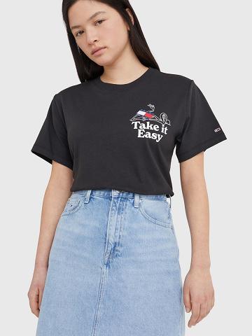 Black Tommy Hilfiger Take It Easy Logo T Shirts | NZ_W21482