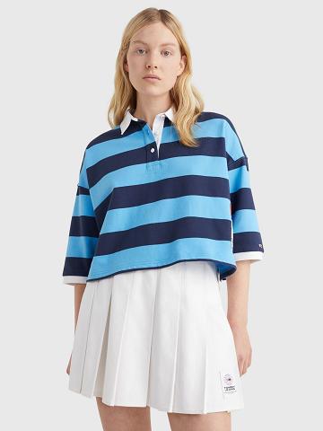 Blue / Multicolor Tommy Hilfiger Cropped Rugby Stripe Polos | NZ_W21264