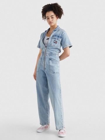 Blue Tommy Hilfiger Badge Logo Denim Coverall Jumpsuit Skirts | NZ_W21321