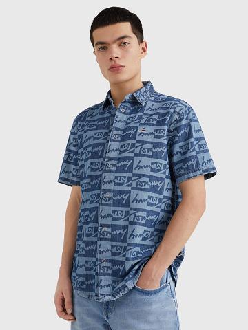 Blue Tommy Hilfiger Tonal signature print denim Shirts | NZ_M31284