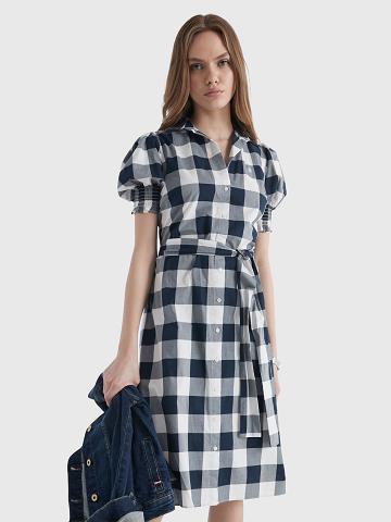 Blue / White Tommy Hilfiger Gingham Print Shirtdress Dresses | NZ_W21094