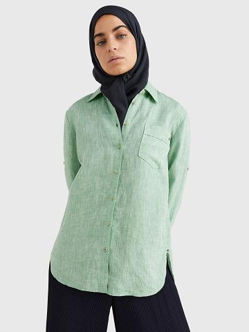 Green Tommy Hilfiger Linen Long-Sleeve Shirts | NZ_W21285