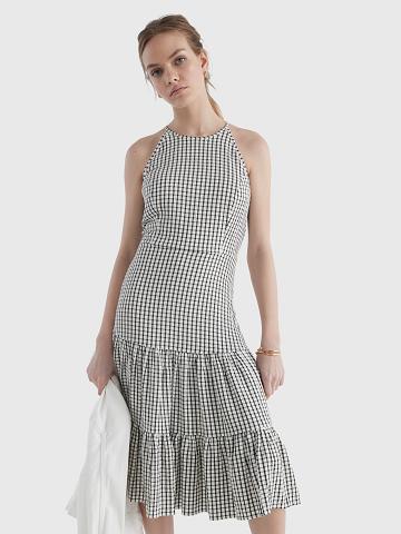 Grey Tommy Hilfiger Windowpane Check Tiered Halter Dresses | NZ_W21136