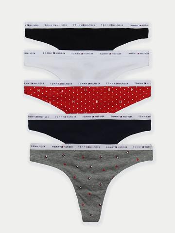 Navy / Grey Tommy Hilfiger Logo Mix 5PK Thongs | NZ_W21568