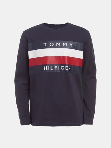 Navy Tommy Hilfiger Big Stripe Long-Sleeve T Shirts | NZ_B2164