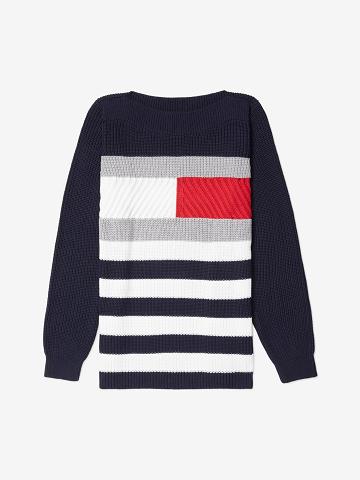 Navy Tommy Hilfiger Essential Cable-Knit Flag Sweaters | NZ_W21345