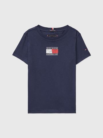 Navy Tommy Hilfiger Flag Logo Tape T Shirts | NZ_G1246