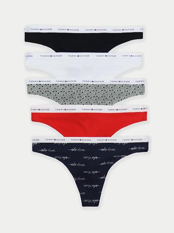 Navy Tommy Hilfiger Logo Mix 5PK Thongs | NZ_W21566