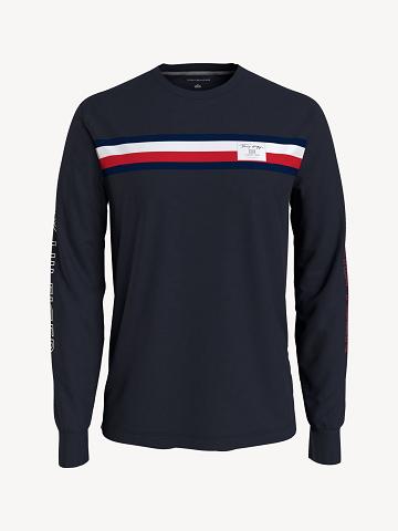 Navy Tommy Hilfiger Logo stripe long-sleeve T Shirts | NZ_M31052