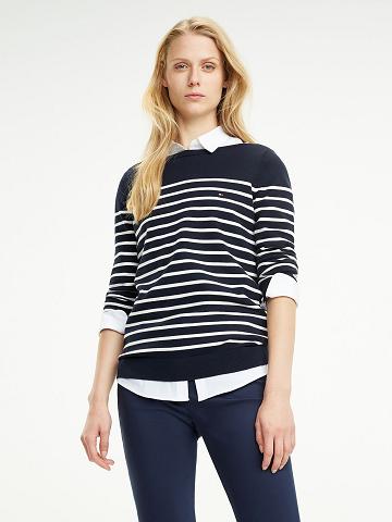 Navy Tommy Hilfiger Maritime Stripe Sweaters | NZ_W21358