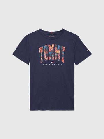 Navy Tommy Hilfiger Tropics Varsity T Shirts | NZ_G1273