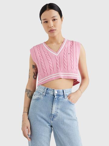 Pink Tommy Hilfiger Cropped Cable Knit Vest Sweaters | NZ_W21342