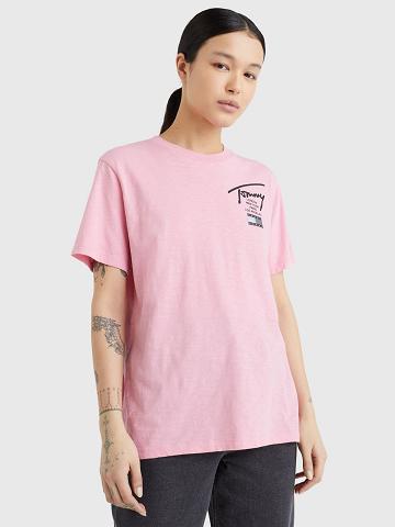 Pink Tommy Hilfiger Signature Logo T Shirts | NZ_W21475