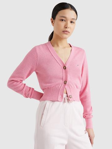 Pink Tommy Hilfiger Solid Cropped Cardigan Sweaters | NZ_W21367