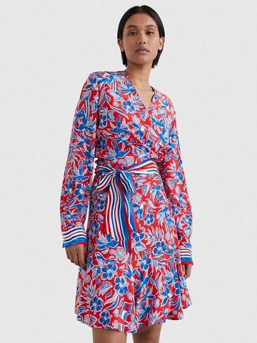 Red Tommy Hilfiger Floral Wrap Dresses | NZ_W21093