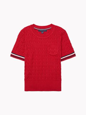 Red Tommy Hilfiger Stripe Cable Knit Sweaters | NZ_W21368