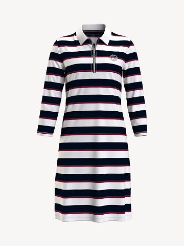 White / Black Tommy Hilfiger Essential Slim Fit Stripe Polo Dresses | NZ_W21075