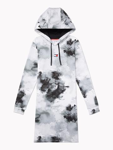 White / Black Tommy Hilfiger Essential Watercolor Print Hoodie Dresses | NZ_W21085