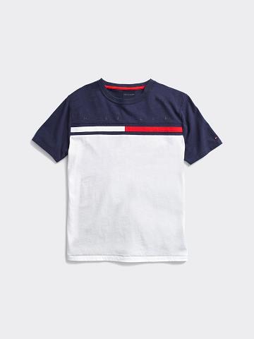 White / Navy Tommy Hilfiger Colorblock T Shirts | NZ_B2167